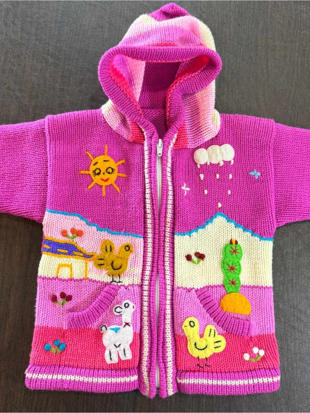 Girls Peruvian Hooded Zip Sweater Jacket with Playful Embroidered Animals
